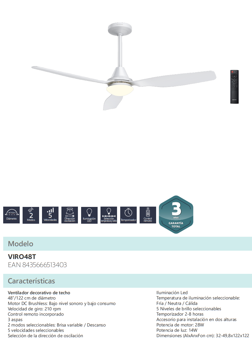 Especificaciones Técnicas del Ventilador de Techo JOHNSON VIRO48T